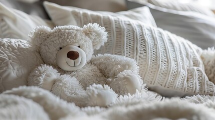 A white teddy bear with his eyes closed is nestled among pillows and blankets. His peaceful demeanor makes him an ideal cuddle buddy, offering solace and comfort to anyone who holds him.