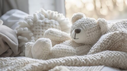 A white teddy bear with his eyes closed is nestled among pillows and blankets. His peaceful demeanor makes him an ideal cuddle buddy, offering solace and comfort to anyone who holds him.