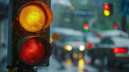 Fototapete - A traffic light on a rainy day, with droplets on the lens and a blurred background of cars and umbrellas.