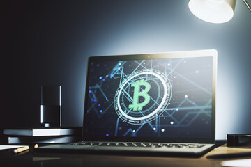 Poster - Modern computer monitor with creative Bitcoin symbol. Cryptocurrency concept. 3D Rendering