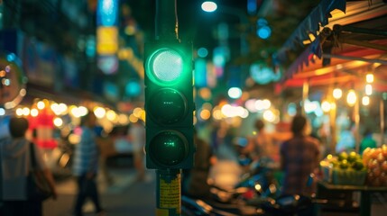 Aufkleber - A traffic light showing green at a bustling night market, with colorful vendor stalls and shoppers in the background.