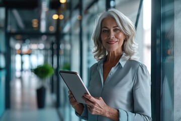 Poster - A woman in a gray shirt is holding a tablet in her hand. She is smiling and she is happy