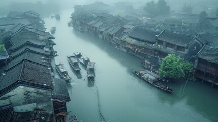 Poster - An aerial view captures the charm of Chinese ancient architecture with wooden houses lining the riverbank. Boats are parked beside the houses