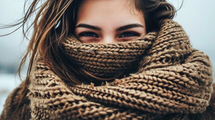 Wall Mural - A woman with long brown hair is wearing a brown scarf and smiling. The scarf is wrapped around her face, covering her eyes and nose. Concept of warmth and comfort