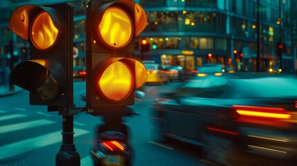 Poster - A traffic light showing yellow, with blurred motion of cars and motorbikes as they prepare to stop.