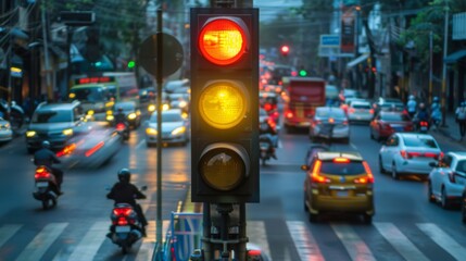 Poster - A traffic light showing yellow, with blurred motion of cars and motorbikes as they prepare to stop.