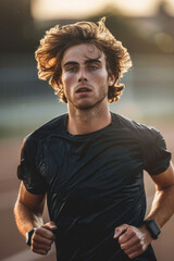 Wall Mural - A man with long hair is running on a track. He is wearing a black shirt and has a watch on his wrist