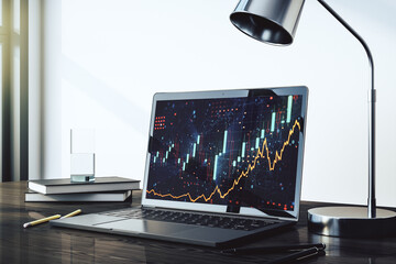Poster - Modern computer monitor with abstract creative financial chart, research and strategy concept. 3D Rendering