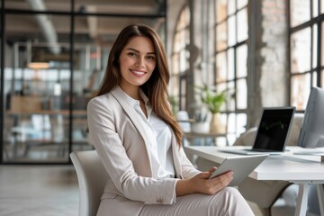Sticker - A woman in a business suit is sitting at a desk with a tablet in her hand. She is smiling and she is happy