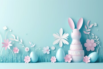 Wall Mural - A blue background with a rabbit and flowers. The rabbit is sitting on an egg. The flowers are pink and white