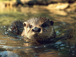 Wall Mural - A wet otter is swimming in a body of water. The otter is looking up at the camera