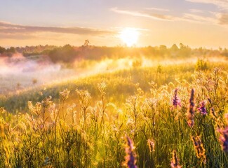 Foggy field with hills tall grass