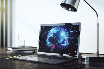 Poster - Computer monitor with abstract graphic digital world map with connections, globalization concept. 3D Rendering