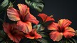 © djmaxx24 - 3d render of orange and red hibiscus flowers with tropical leaves on dark background. vector illustration design for wallpaper, textile print or decoration in interior