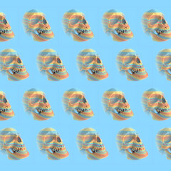 Poster - Rainbow skulls composed of a unique pattern of rainbow-like stripes on a blue background. 3d rendering illustration