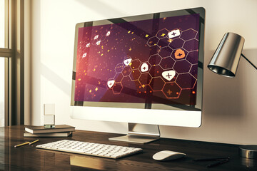 Poster - Creative abstract medical hologram on modern computer monitor, online medical consulting concept. 3D Rendering