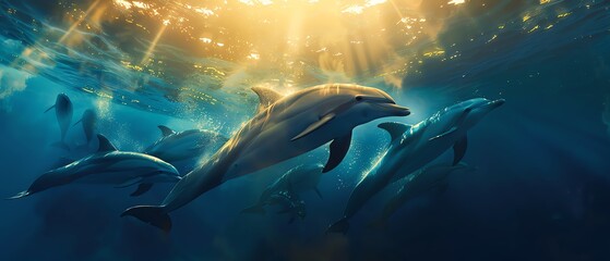 A group of dolphins swimming in the ocean, golden hour underwater photography in the style of National Geographic, dynamic light effects, deep blue and yellow colors, high resolution