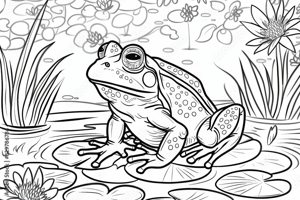 Cartoon frog coloring page for kids in a pond with lily pads Stock ...