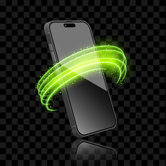 Poster - Realistic 3D Smartphone and Mobile Phone with Green Neon Light Trail and Glowing Wave on Transparent Background. Vector.