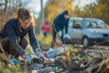 Local service workers cleaning reusing trash garbage saving planet from pollution recycling plant fabric Generative AI