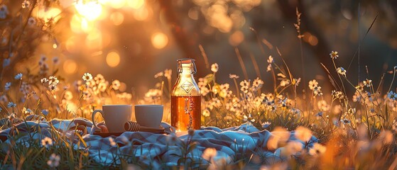 A serene outdoor picnic scene with bottles of honey and mugs on an elegant blanket, surrounded by wildflowers under the golden glow of sunset. The photo shows a commercial scene, with soft light, in t
