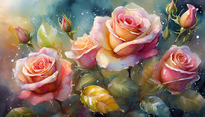 Wall Mural - Beautiful digital illustration close up of bunch of pink roses flowers, oil painting floral bouquet