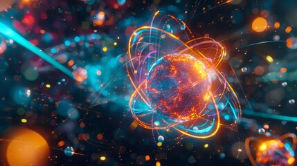 Wall Mural - Detailed atomic structure with vibrant protons, neutrons, and electrons orbiting the nucleus.