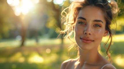 Canvas Print - beautiful woman with clear, blemish-free face skin, enjoying the sun in a park