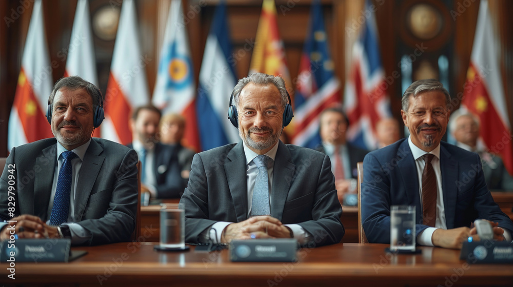 Three smiling male delegates sitting in a row at a conference table ...