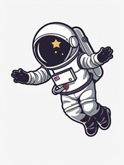 Wall Mural - A cartoon astronaut is floating in space with a star on his helmet
