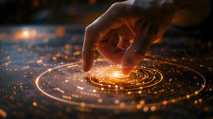 Aufkleber - Hand touching a spinning vortex of data and light particles, data flow and processing visualisation backgrounds