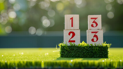 White wooden winner podium, with red winner number 1, 2 and 3 painted on, placed on green grass sport field, top empty space for text, Wooden alphabet number blocks 123 on blue background, copy space