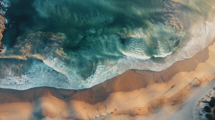 Canvas Print - High above the coastline, the beach curves along the edge of the shimmering sea, with waves gently caressing the shore and beachgoers appearing as tiny specks in the sand.