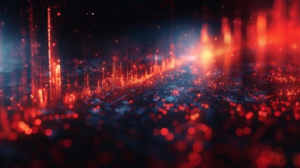 Wall Mural - A vibrant digital landscape with glowing red and blue particles symbolizing data and connectivity