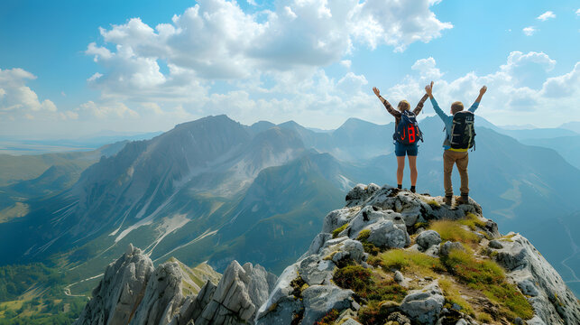 Epic mountain landscape with two hikers celebrating on top