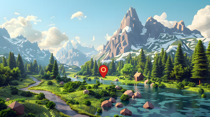Poster - digital low poly landscape with location pin pointing to place on map