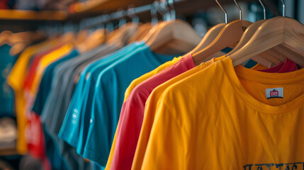 Colorful t-shirts on hangers