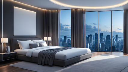 Modern bedroom, double bed, high-end furniture, modern home design, textured pillows and blankets, high-end hotel
