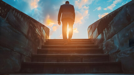 Businessman climbing stairs to reach his goals