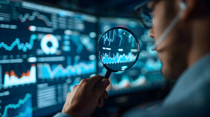 Wall Mural - Analyst holding magnifying glass over charts on computer screen, data analyst