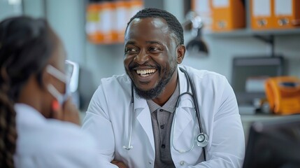 Poster - black doctor smiling at a patient in a well-lit office 