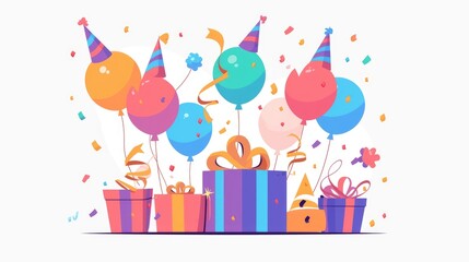 Illustration of a festive isolated 2d icon depicting balloon decorations for a birthday celebration in line style