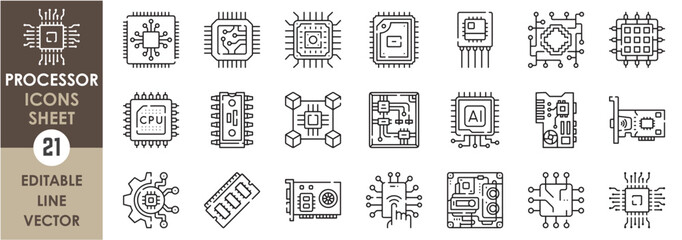 Fototapete - A set of line icons related to microprocessors. CPU, processors, memory, motherboard, video, cooling, multi processing system and so on. Vector outline icons set.