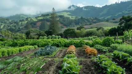 Poster - On a small organic farm, diversity is key. Farmers grow a variety of vegetables, fruits, and herbs, using natural methods to combat pests and enhance soil fertility