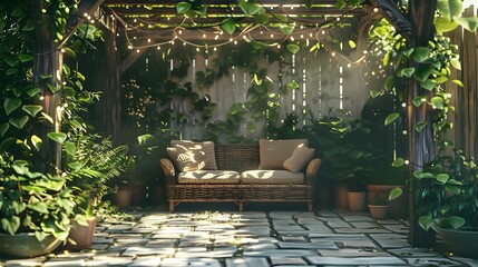 Wall Mural - cozy patio nook featuring a wicker loveseat with plush