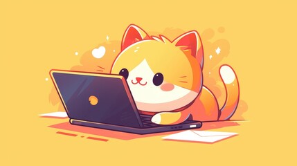 Sticker - Illustration of a charming cat hacker working on a laptop in a cartoon 2d icon This premium isolated 2d showcases the perfect blend of animals and technology in a flat cartoon style