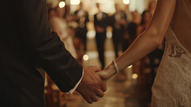 the bride and groom's hands interlocked, showing a ring prominently