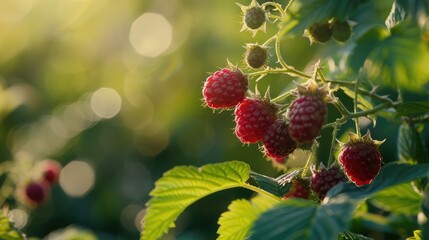 Poster - Under the warm summer sun there are some unripe raspberries