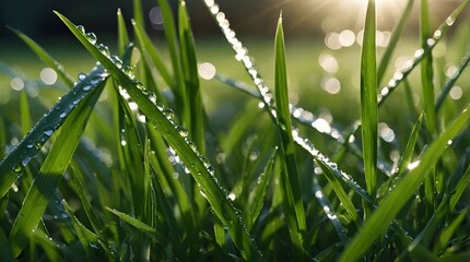 Wall Mural - A close-up shot of dew-covered green grass blades sparkling in the morning sun