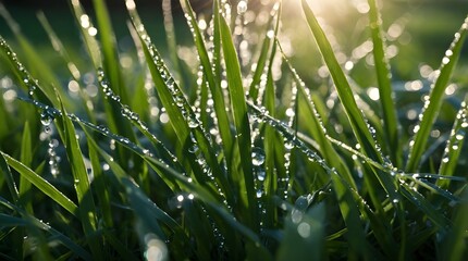 Wall Mural - A close-up shot of dew-covered green grass blades sparkling in the morning sun